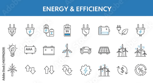 Innovative energy and efficiency icons representing power, sustainability, and modern technology for eco-friendly business solutions