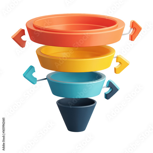 Colorful funnel-shaped graphic with interconnected rings, diminishing in size.  Three-dimensional and vibrant.  Arrows connect each ring, representing a process or funnel effect