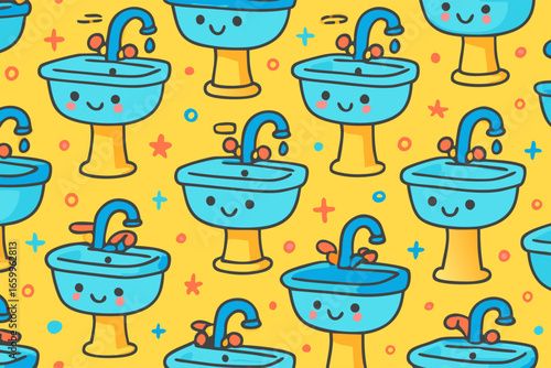 Fun Action Pattern of Happy Sinks and Faucets in a Bright Yellow Design