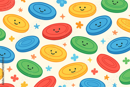 Colorful Smiley Discs Pattern, Fun Design, Digital Art, Playful Vibes