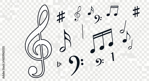 Stunning collection of black musical notes and symbols creating a dynamic visual symphony for creative projects