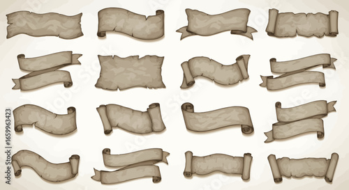 Vintage scroll banners and parchment ribbons offer classic design elements for historical or decorative projects