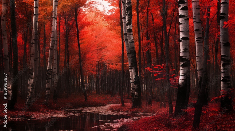 Fototapeta premium Red trees in the forest during fall.