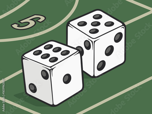 Two dice on a green game board with the number 5