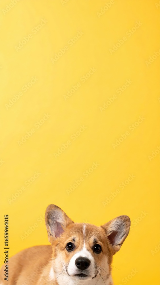 Obraz premium an adorable corgi puppy with its captivating gaze. This fluffy friend, against the bright yellow background, it's sure to steal your heart.