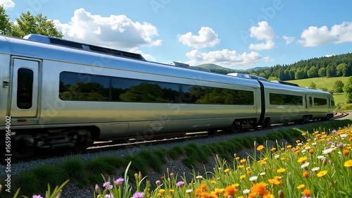 Modern high speed train gracefully gliding through vibrant green countryside on sunny day