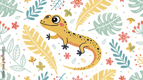 Lively Gecko Illustration Among Tropical Flora and Fauna, Optimistic Vibe