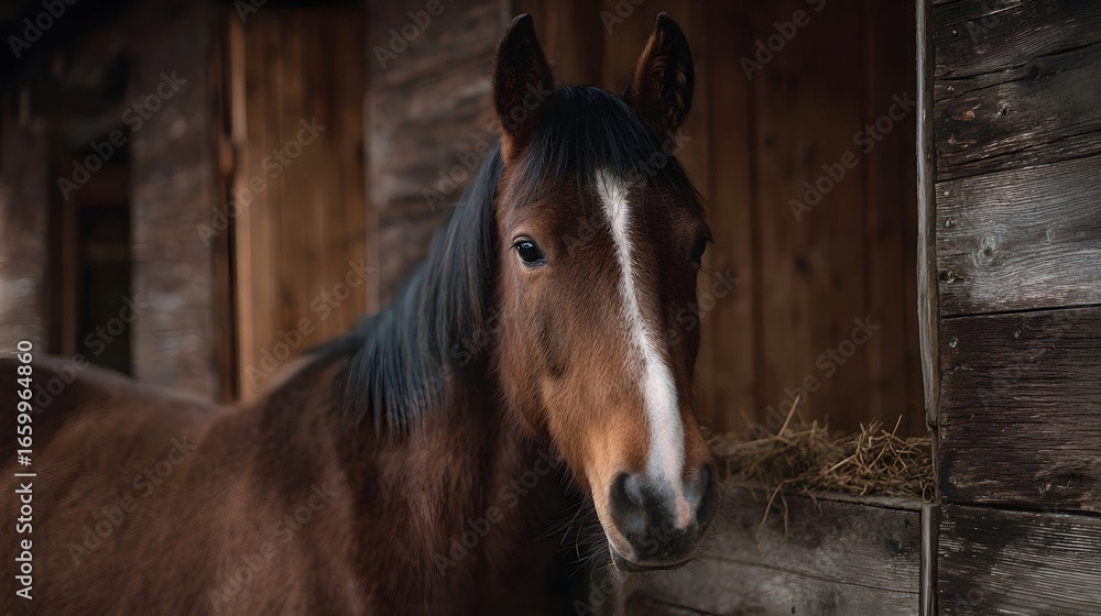 Fototapeta premium Horse standing calmly near a rustic wooden stable at sunset