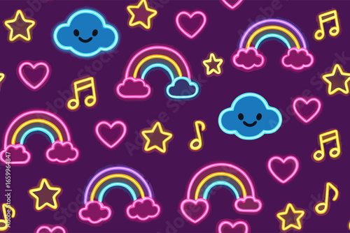 Colorful Neon Clouds and Rainbows Pattern, Graphic Design, Fun, Playful