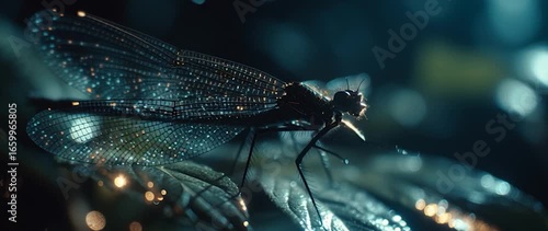Anamorphic video mesmerizing close-up of a dragonfly perched on leaf