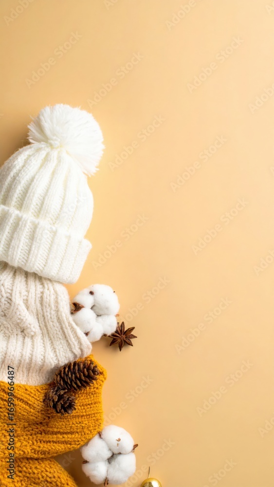 Fototapeta premium Cozy winter accessories arranged on a light-colored backdrop, creating a warm and inviting scene for the cold season. The composition includes a knitted hat, a cozy sweater, and a soft scarf.