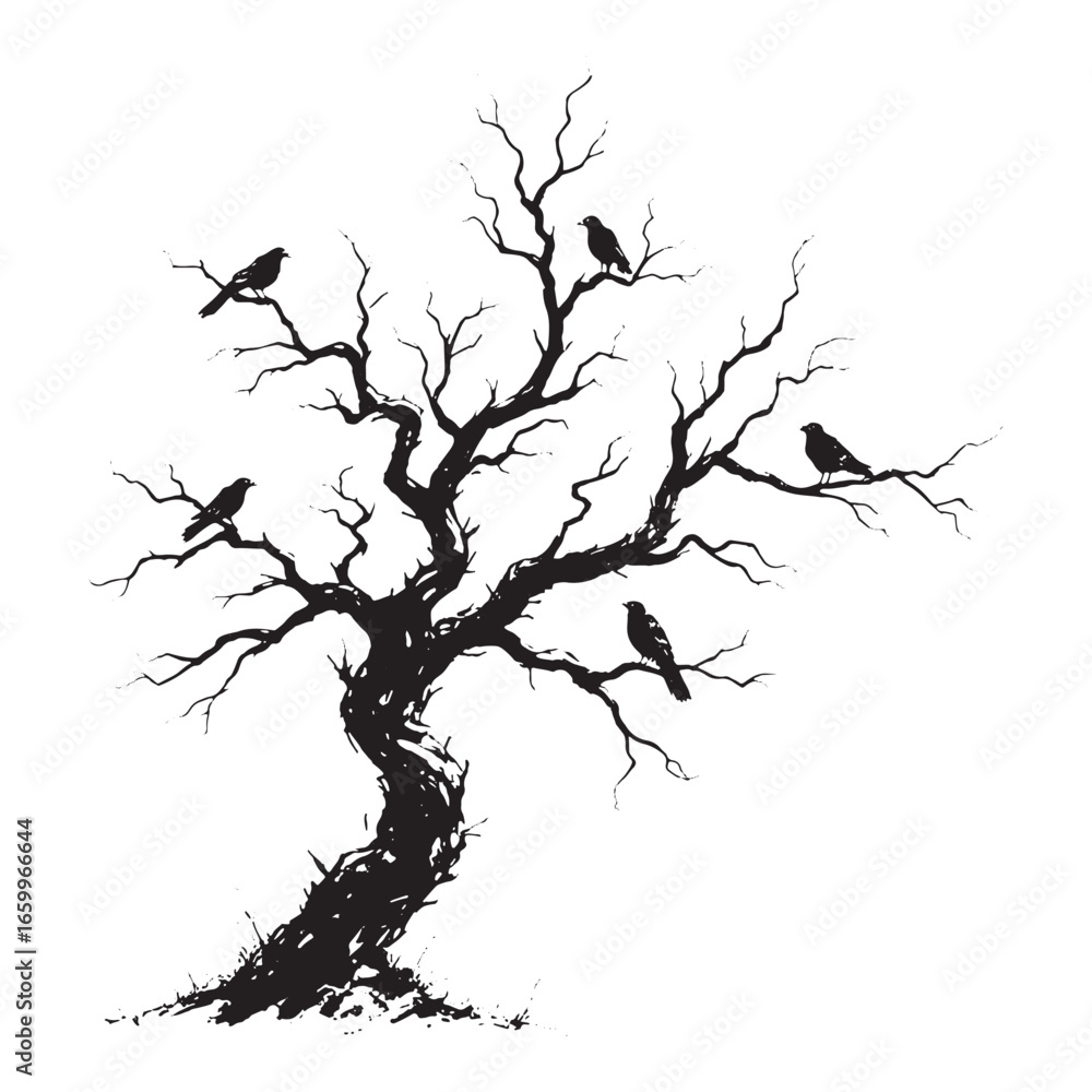 Fototapeta premium Twisted spooky tree silhouette in detailed engraving style, perfect for Halloween, gothic, horror, and eerie dark atmosphere design.