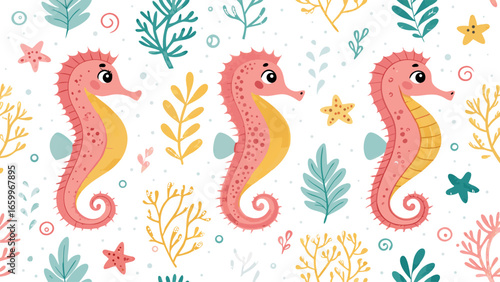 Underwater Adventure, Colorful Seahorses, Marine Life, Illustration, Coral Reef, Playful Design