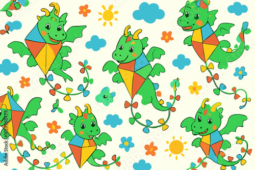 Playful Cartoon Dragon Kites Flying High in a Whimsical Sky on a Sunny Day