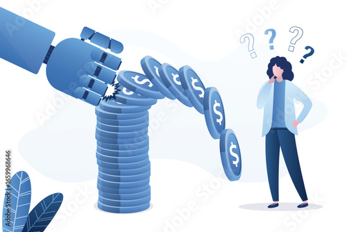 Robot hand pushes stack of coins and destroys savings. Automation leads to bankruptcy of companies and entrepreneurs. AI replaces people, business woman suffers losses