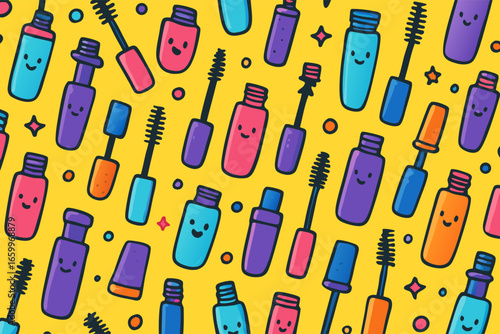 Colorful kawaii mascara cosmetic background for beauty concepts