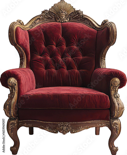 Red Velvet Wingback Armchair with Gold Ornate Carvings on White Background furniture interior