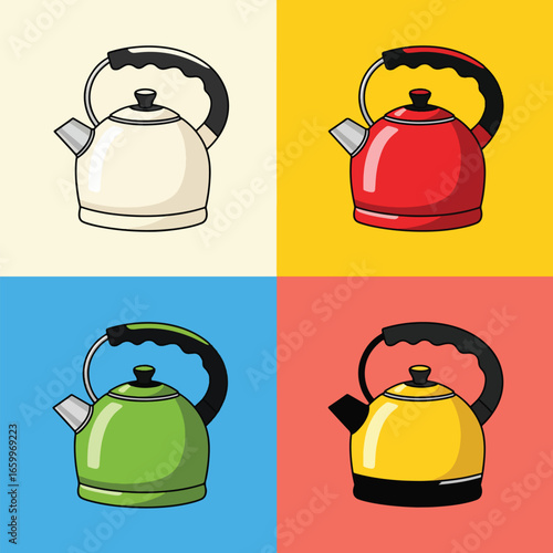 Colorful teapots arranged in a pop art style, showcasing kitchenware in vibrant hues against contrasting backgrounds, creating a playful and modern aesthetic.