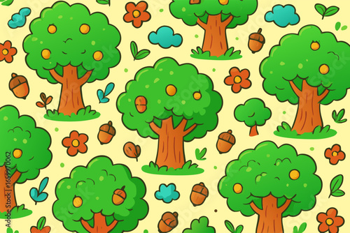 Cute Cartoon Trees and Acorns Pattern