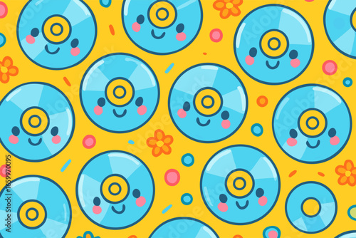 Vibrant Seamless Pattern of Smiling Blue Music Discs and Floral Accents