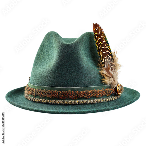 Green felt Oktoberfest alpine hat with feather. Isolated white background. Png format