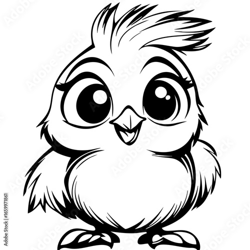Cute cartoon bird illustration featuring large expressive eyes and a playful demeanor in a fun, cheerful design suitable for coloring