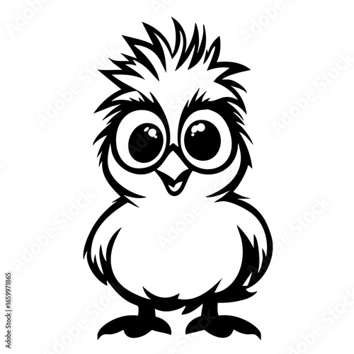 Cute cartoon bird with big eyes and feathered hairstyle appearing cheerful and playful in a simple vector design