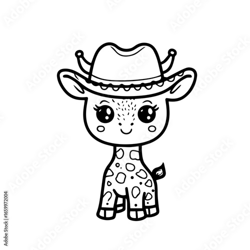 Cute cartoon giraffe wearing a cowboy hat standing proudly with a cheerful expression and playful spots