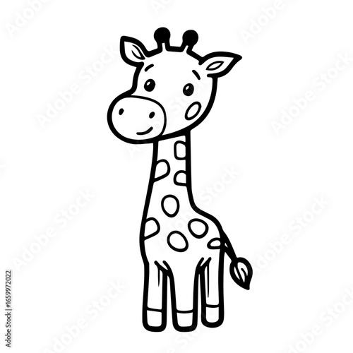 Cute cartoon giraffe with distinctive spots and friendly expression standing upright on four legs in a playful, cheerful pose