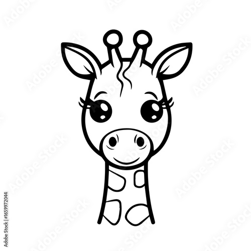 Cute black vector illustration of a smiling giraffe with large eyes and playful expression