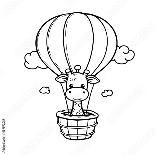 Giraffe in a hot air balloon enjoying a sunny day, floating among fluffy clouds in the sky