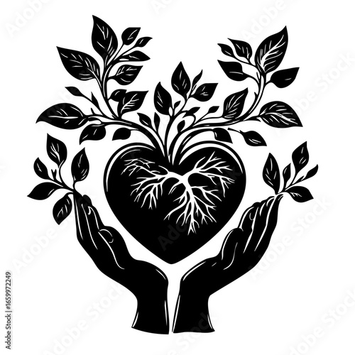 Hands nurturing a heart with roots and leaves representing growth and care for nature