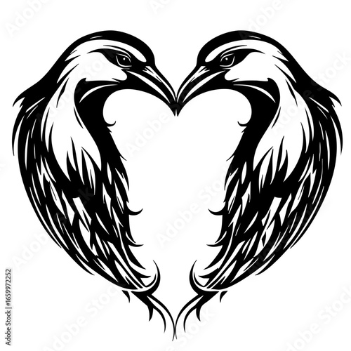 Two black birds with intricate designs forming a heart shape symbolize love and unity in artistic expression