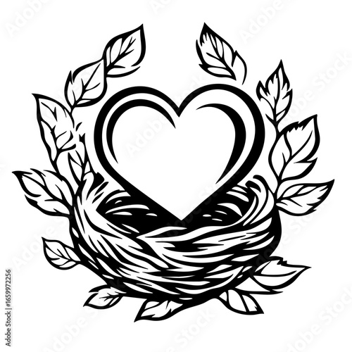 Heart shape nestled in a decorative nest surrounded by leaves symbolizing love and nature’s embrace