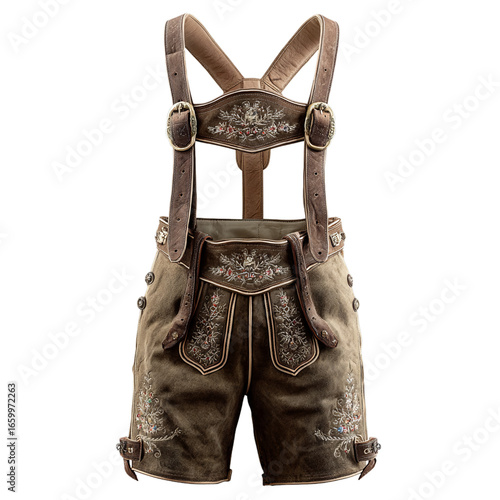 Men’s leather lederhosen with suspenders and embroidered detailing. Isolated white background. Png format