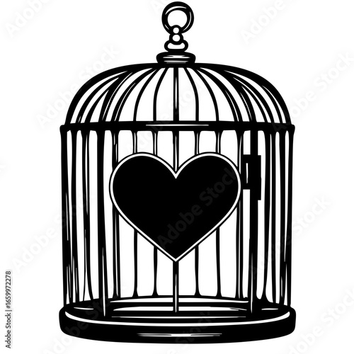 Heart within an ornate cage symbolizing love and freedom in a minimalist design suitable for various creative projects