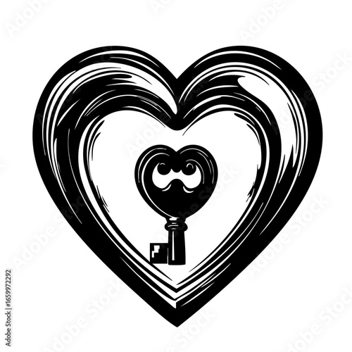 Heart-shaped design featuring a vintage key illustrating themes of love and mystery in a creative vector format