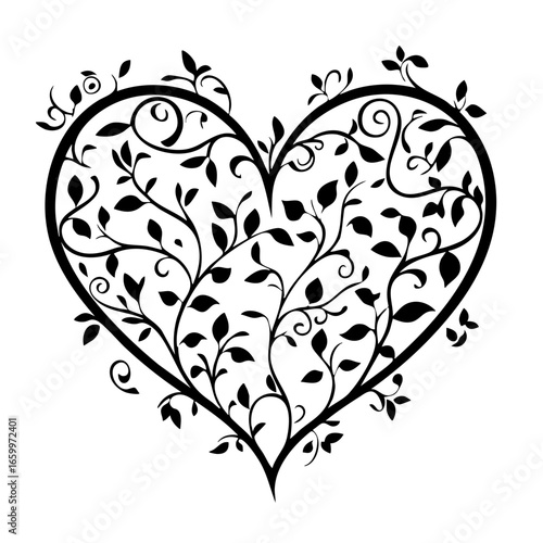 Intricate black heart design filled with vines and leaves representing love and nature