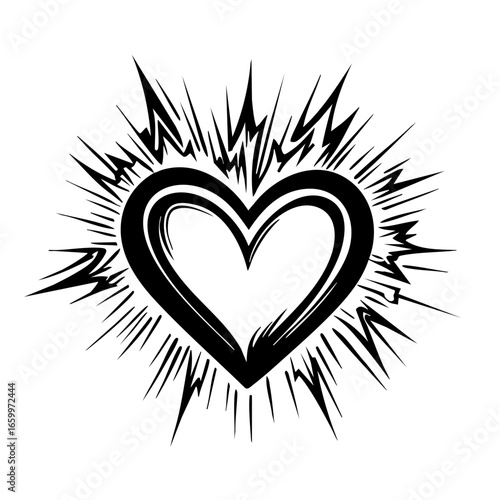 Stylized black heart surrounded by dynamic lines and shapes, representing love and energy in a modern design