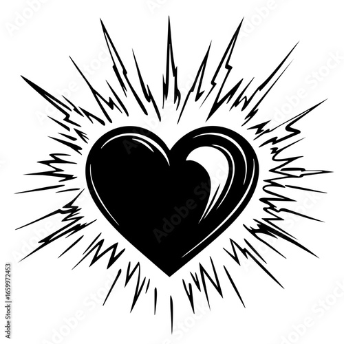 Bold black heart with dynamic energy bursts illustrating love and passion in a contemporary design