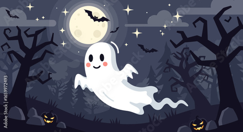 Cute Cartoon Ghost with Pumpkins and Bats in a Night Forest