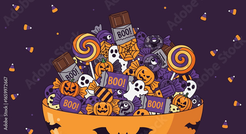 Cartoon Handdrawn Halloween Candy Bowl with Spooky Characters and Treats Illustration