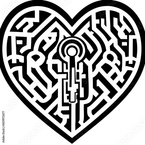Heart-shaped maze design featuring a key symbolizing love and connection in a creative art style