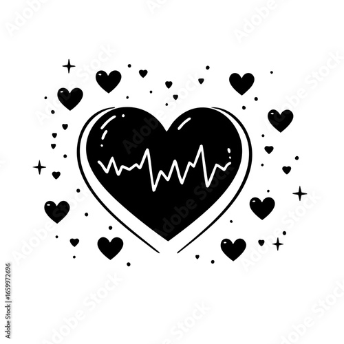 Heart design with rhythm line and scattered hearts highlighting love and emotion in various forms