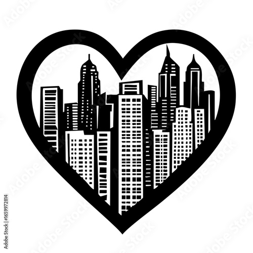 Heart-shaped design featuring a stylized city skyline with tall buildings and skyscrapers in a bold black silhouette