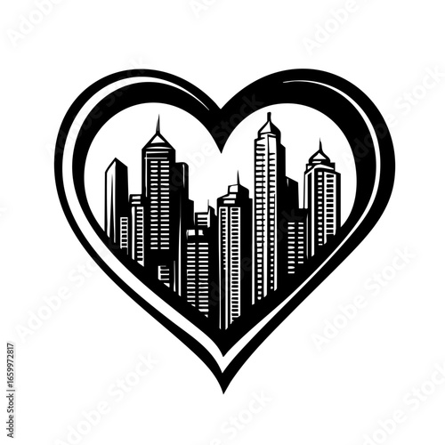 City skyline shaped as a heart symbolizing urban love and devotion for metropolitan life