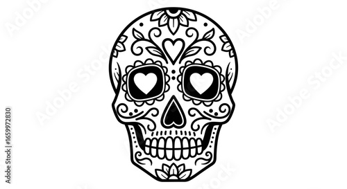 Detailed Handdrawn Floral Sugar Skull Illustration for Day of the Dead Celebration
