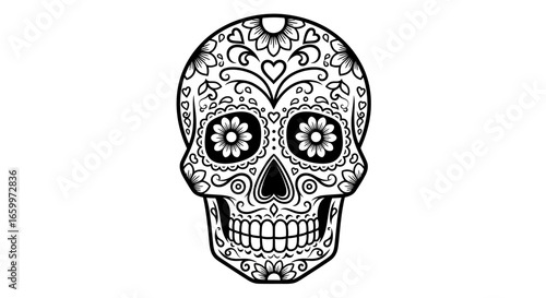 Detailed Outline Sugar Skull Decoration with Floral Elements Illustration