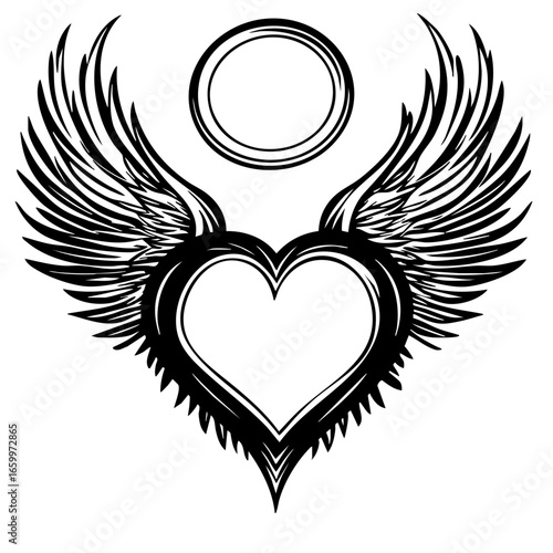 Heart with angel wings and circle above symbolizing love, freedom, and spirituality