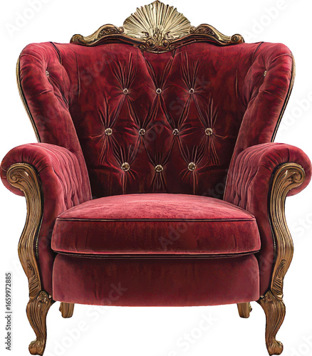 Ornate Red Velvet Tufted Wingback Armchair with Gold Trim on White Background furniture
